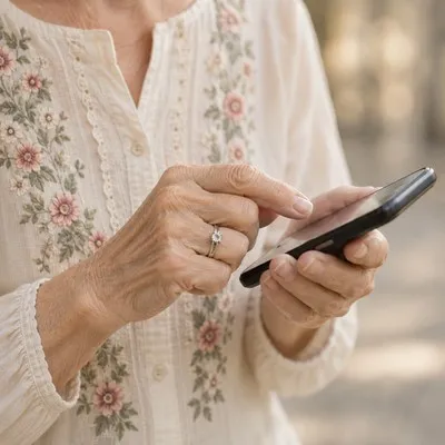 Hände einer älteren Person, die ein Smartphone bedient